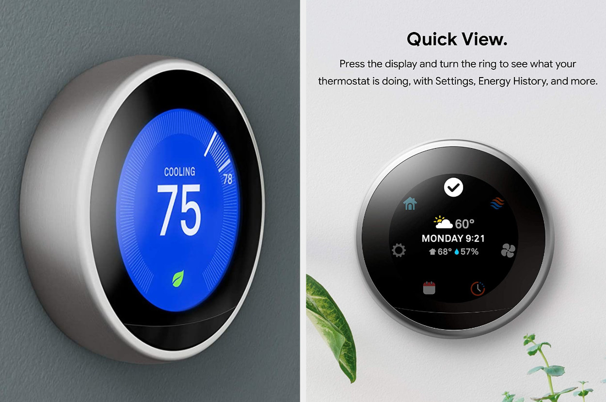A split image of the Nest thermometer, one would a blue screen showing indoor temps and one with a home screen showing day, date, and outdoor temps