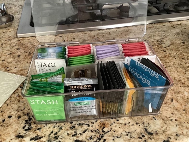 clear organizer holding tea