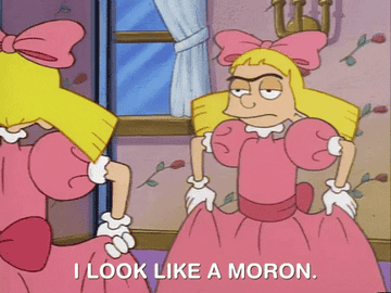 Helga from &quot;Hey Arnold!&quot; wearing a dress and saying, &quot;I look like a moron&quot;