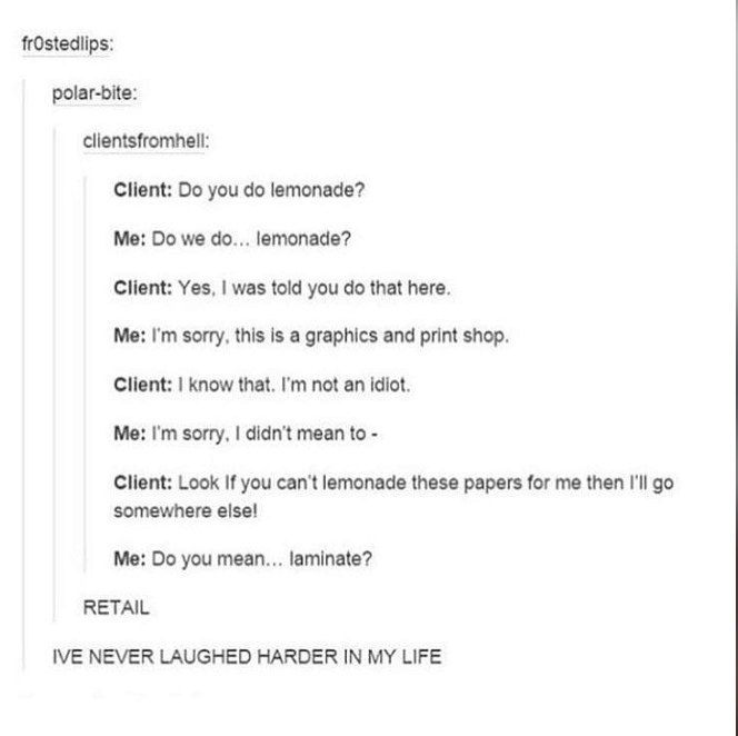 story about someone who mixes up the word laminate with lemonade