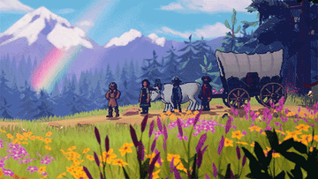 The wagon party cheers in a beautiful meadow. The text &quot;Welcome to Oregon&quot; appears below them