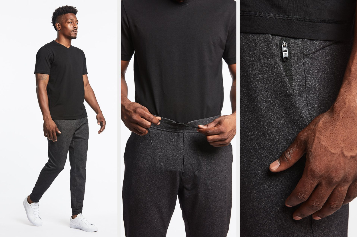 Triptych image of a model wearing charcoal gray joggers