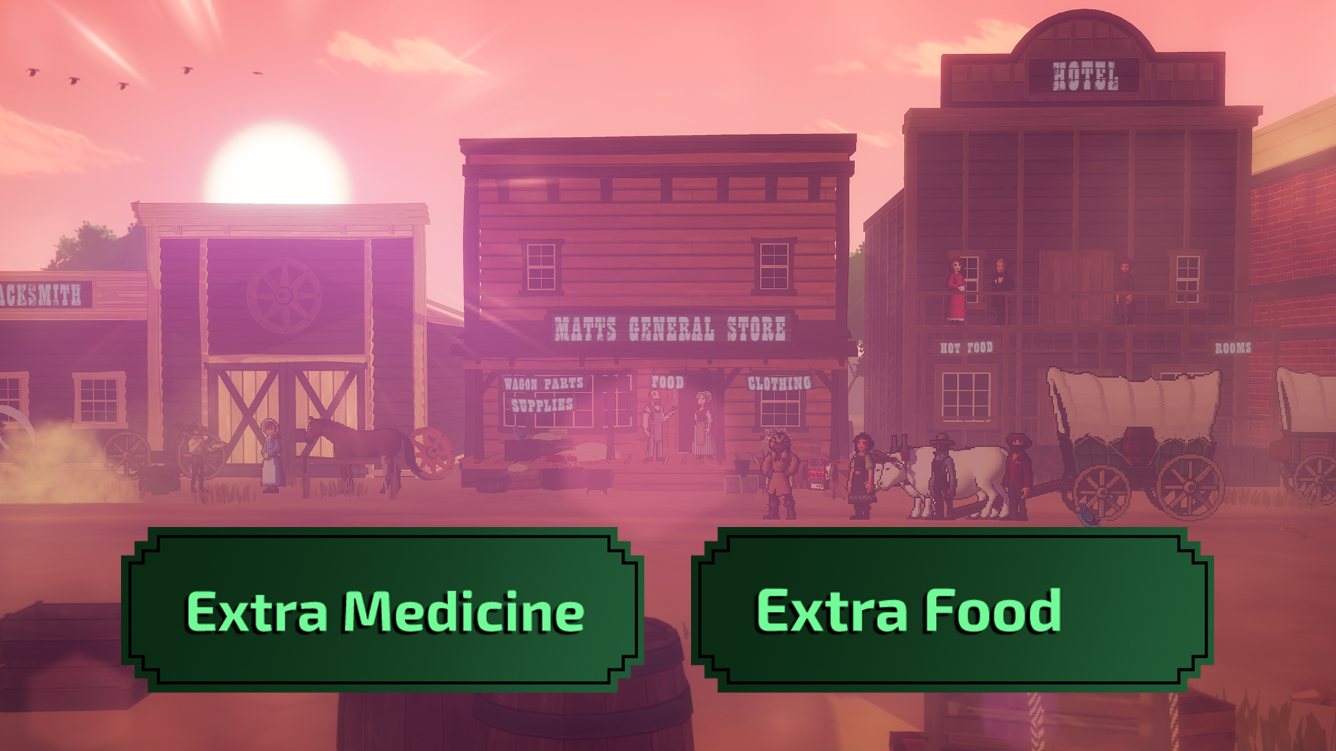 A town in the Old West, along with a graphic of two choices: Extra Medicine and Extra Food