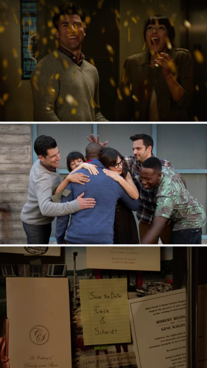 the loft throwing confetti at Cece and Schmidt, then hugging Coach, then putting up a "Save the date" for Cece and Schmidt on the fridge