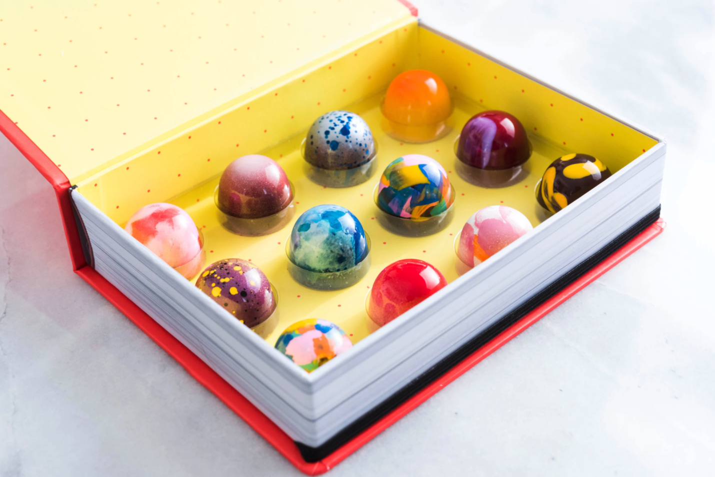 the colorful box of 12 different bonbon chocolates 