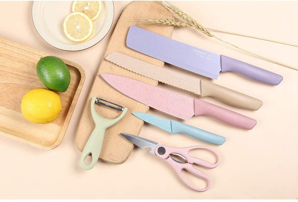 A flatlay of the candy-coloured kitchen knives on a countertop