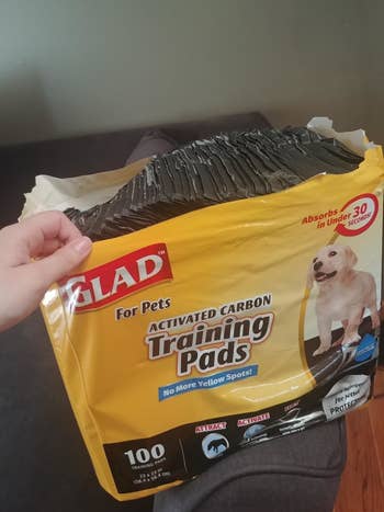 image of reviewer opening bag of GLAD activated carbon training pads