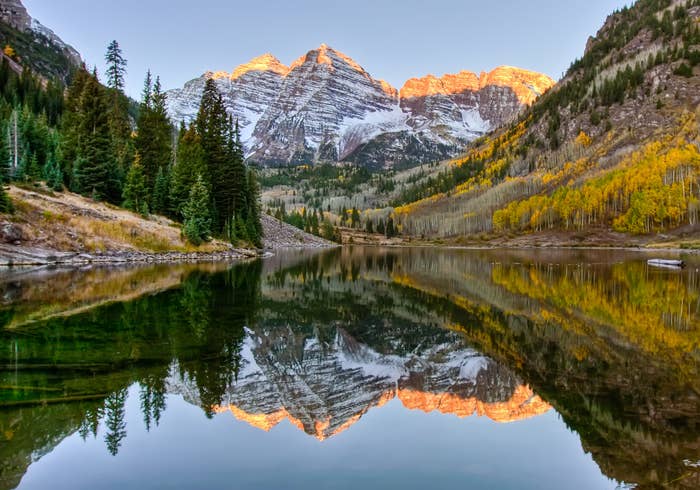 Sunrise hits snow dusted peaks of Maroon Bells while being reflected in lake below, along with Aspen trees in their full fall foliage display of golden colors
