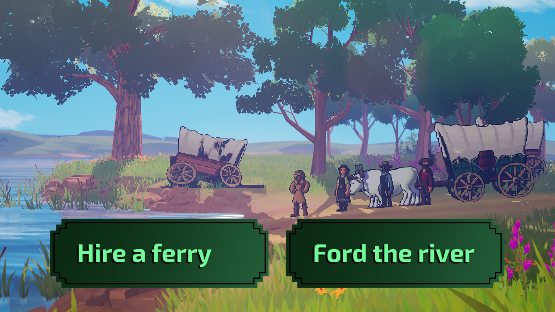 A wagon party at the edge of a river with two choices: Hire a ferry and Ford the river