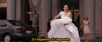 Maya Rudolph running into the road in a wedding dress saying &quot;it&#x27;s happening, it&#x27;s happening&quot;