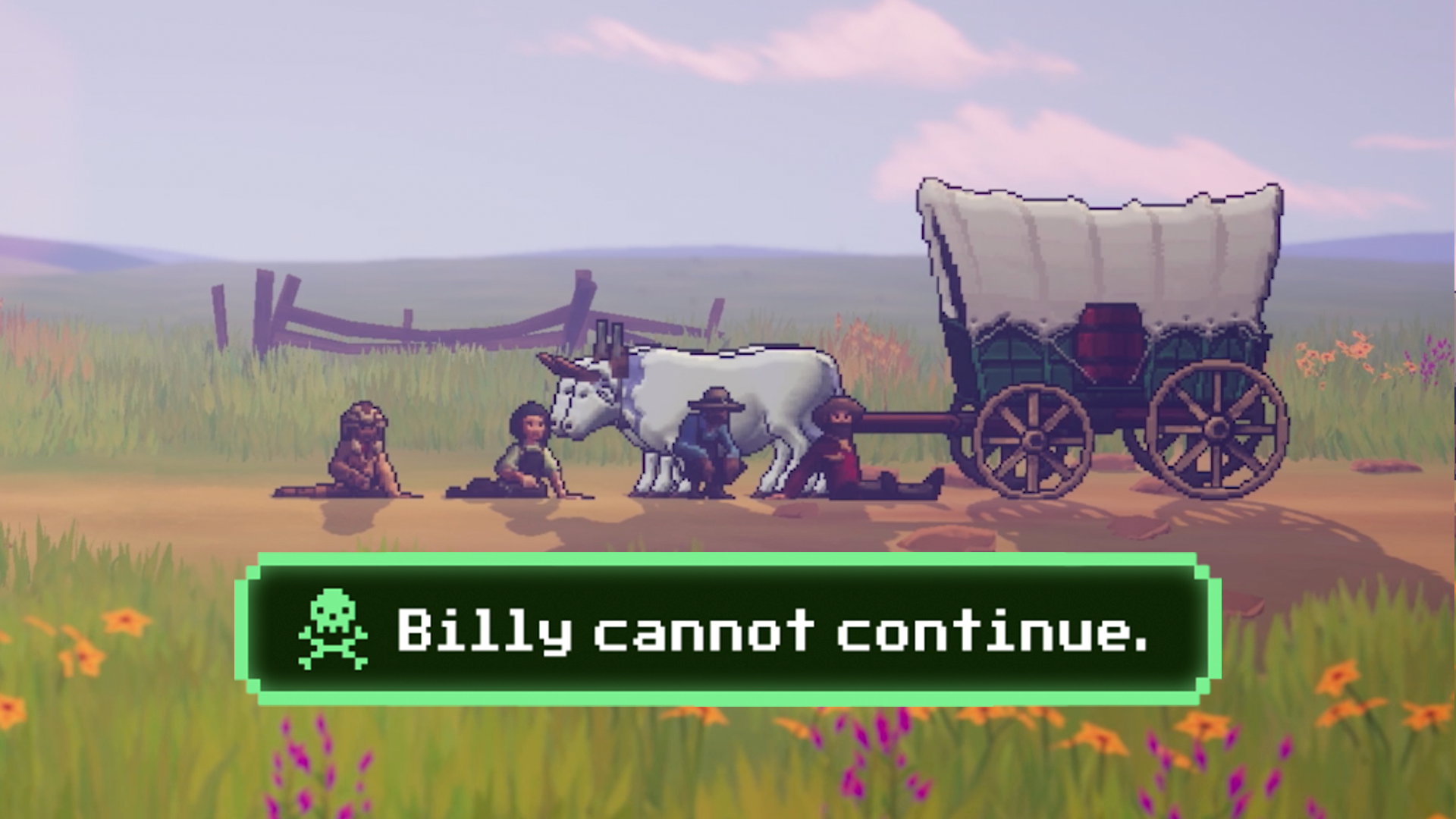 The wagon party all sits around an injured Billy, with copy that reads, &quot;Billy cannot continue&quot;