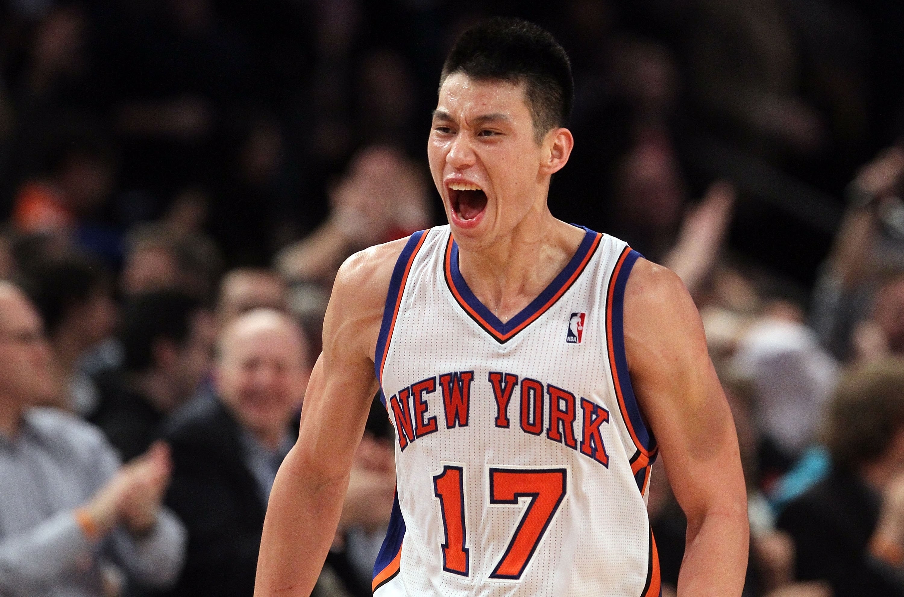 Jeremy Lin hyped in a Knicks jersey