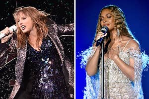 taylor swift singing in the rain on the left and beyonce singing on the right
