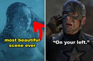 Side-by-side of the pool scene in "Booksmart" and Captain America at the portals in "Avengers: Endgame"