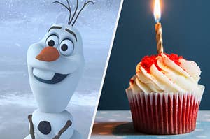 Olaf the snowman smiles brightly while snowing his one snow tooth and a red velvet cupcake sits with a single lit candle in it.