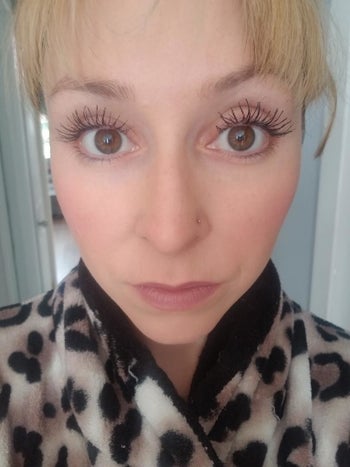 image of reviewer with long, and bold eyelashes after using the essence mascara