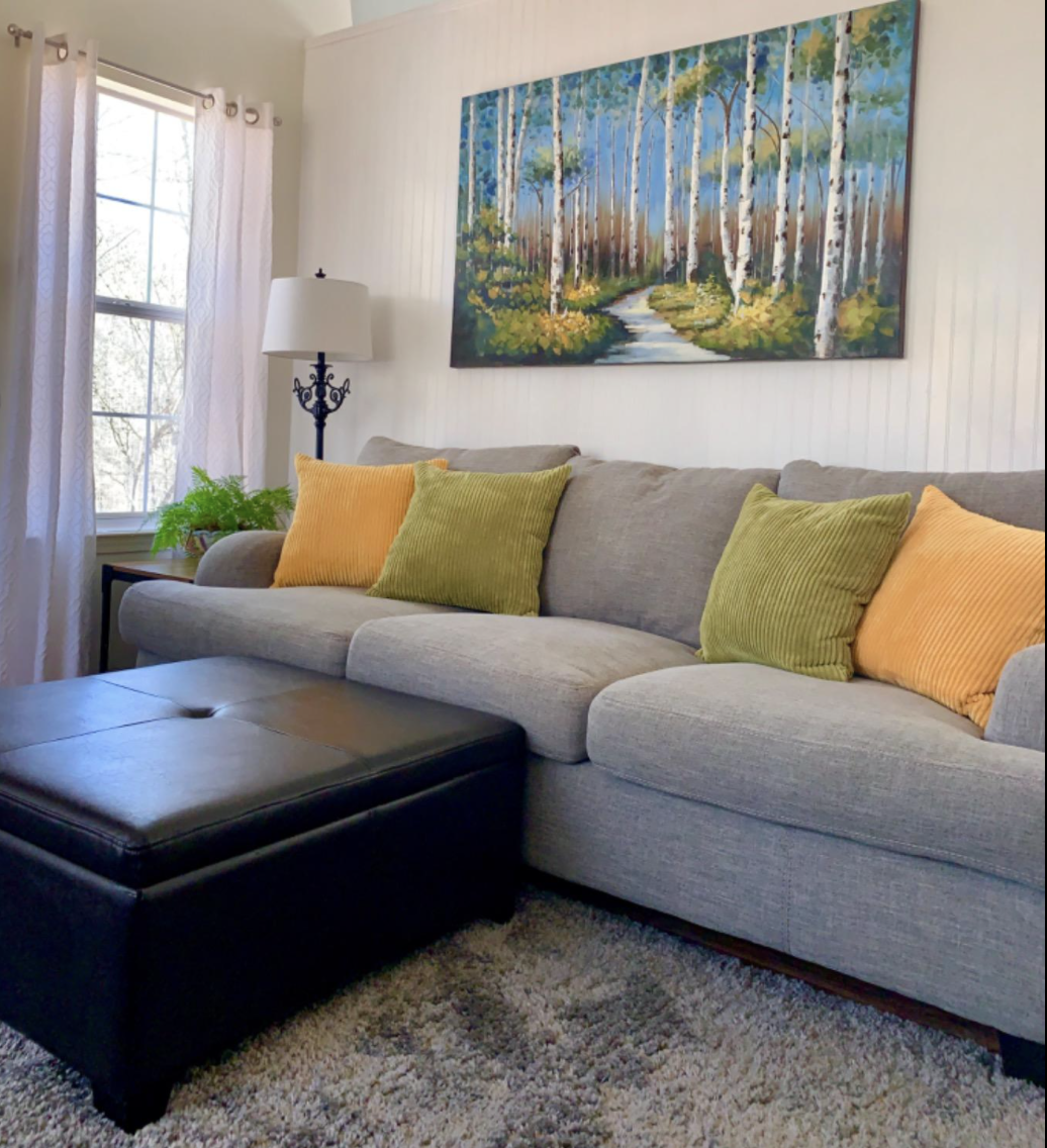 Reviewer&#x27;s grey sofa in a living room has two sets of colorful throw pillows on it