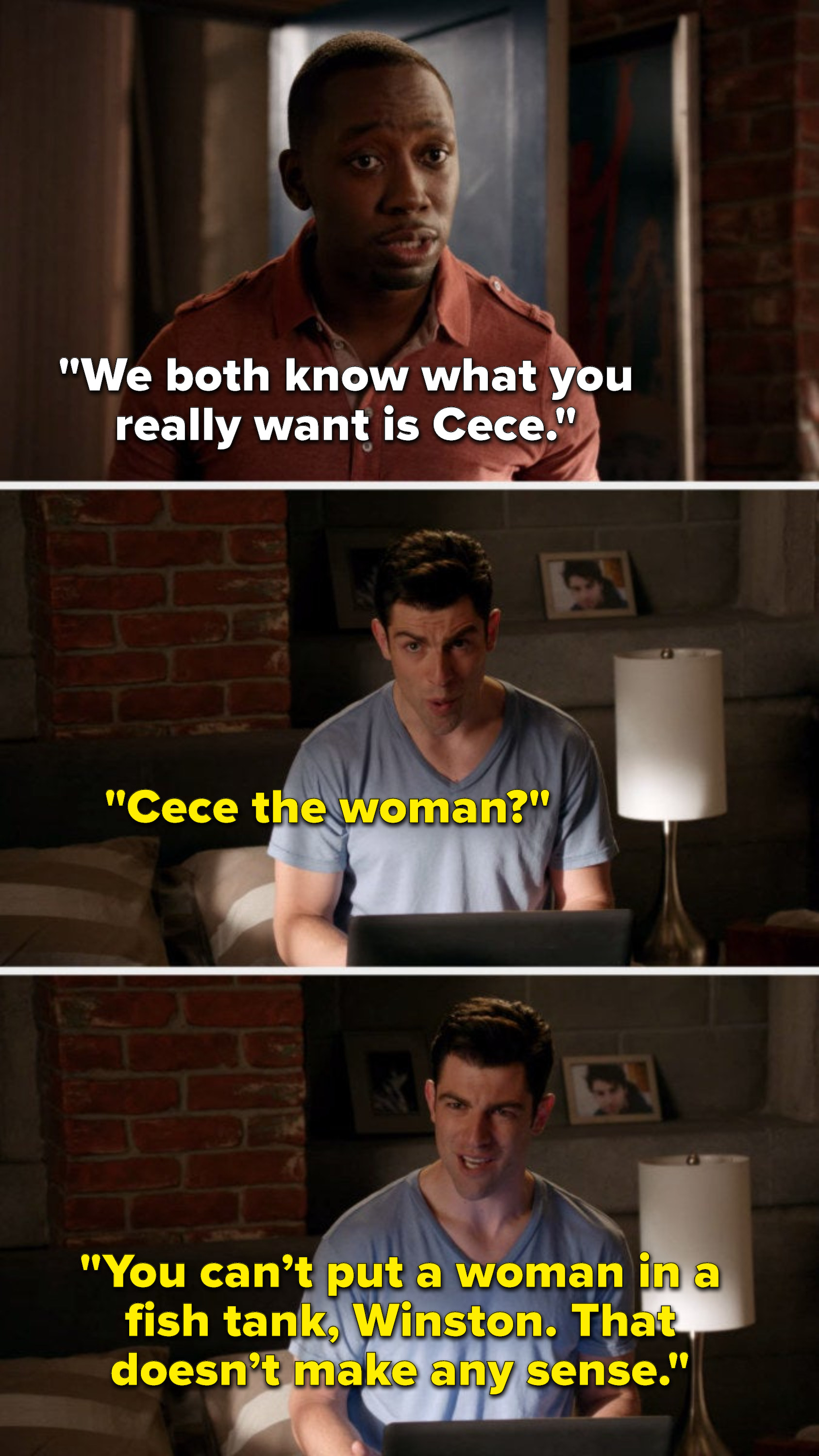 Winston says, We both know what you really want is Cece, and Schmidt says, Cece the woman, you can’t put a woman in a fish tank, Winston, that doesn’t make any sense