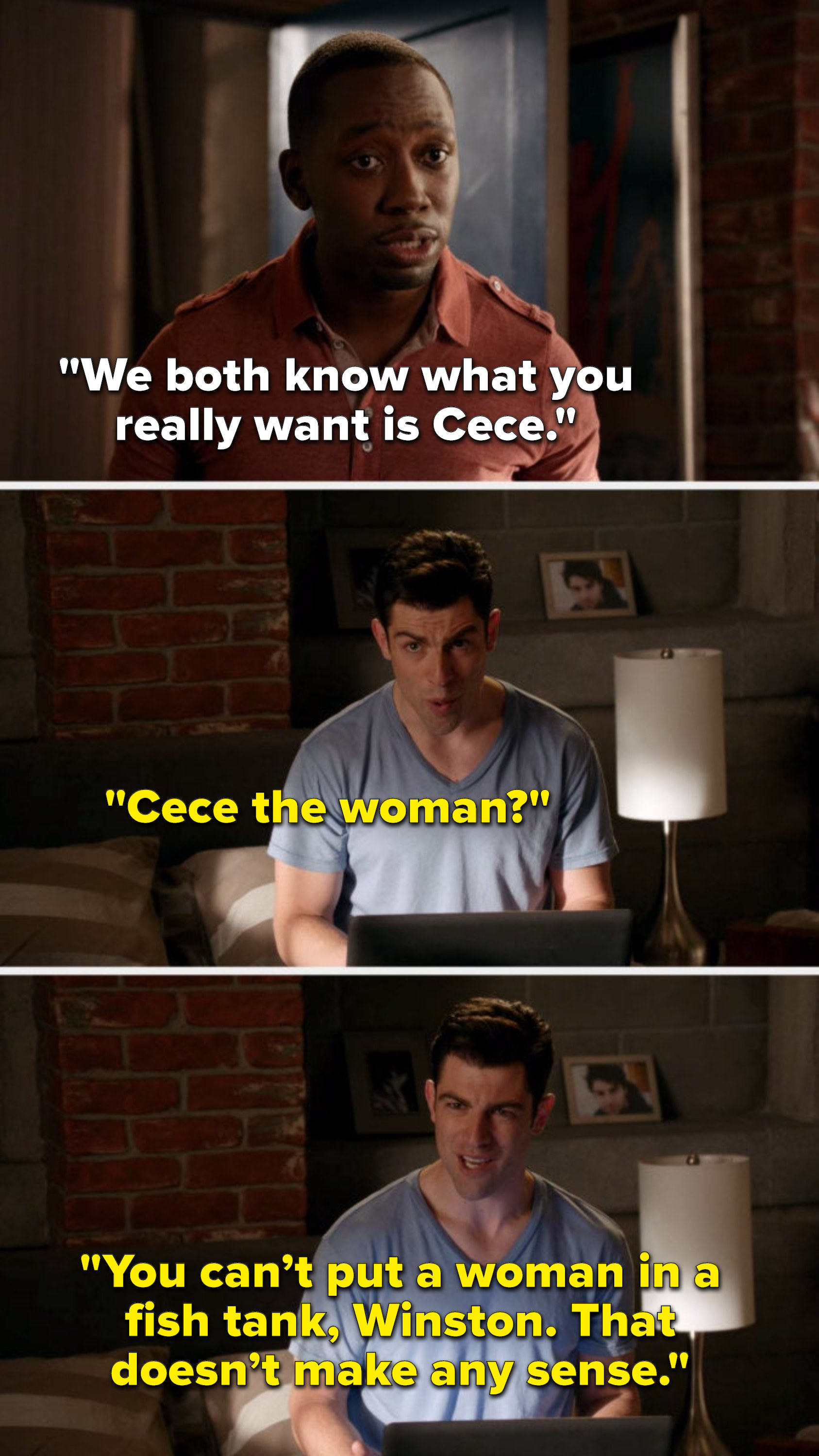 Winston says, &quot;We both know what you really want is Cece,&quot; and Schmidt says, &quot;Cece the woman, you can’t put a woman in a fish tank, Winston, that doesn’t make any sense&quot;