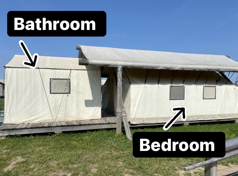 The outside of the bedroom and bathroom tent