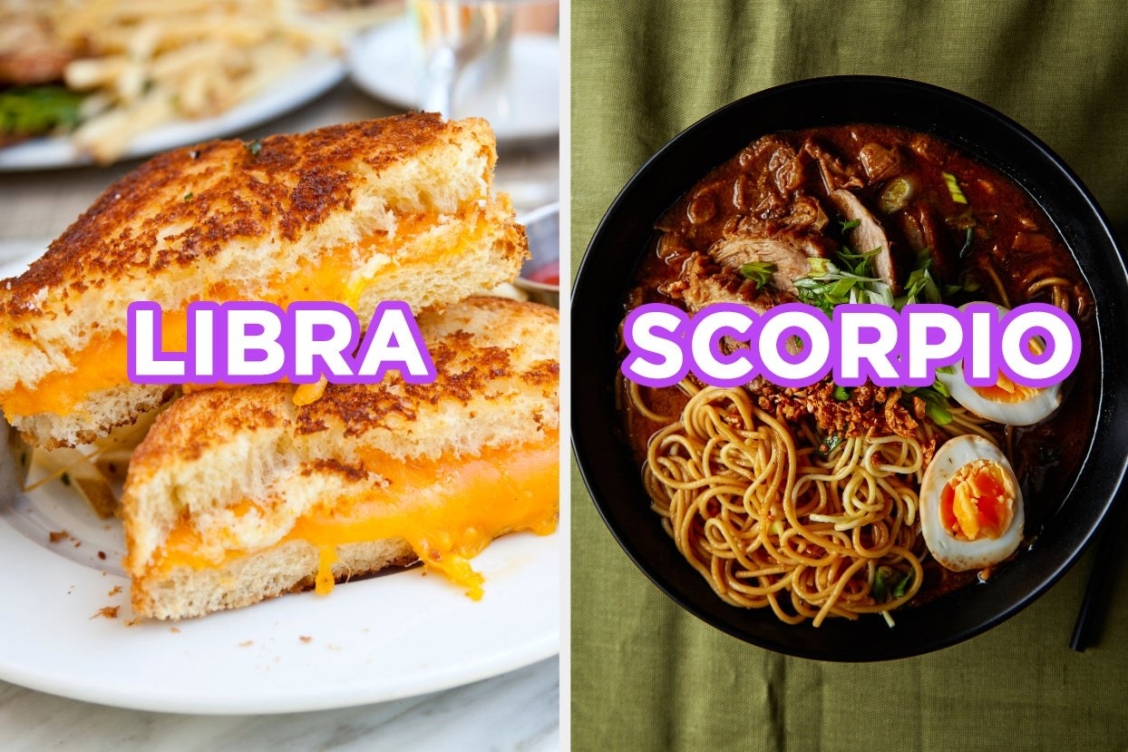 Grilled Cheese with the word &quot;Libra&quot; and Ramen with the word &quot;Scorpio&quot; 