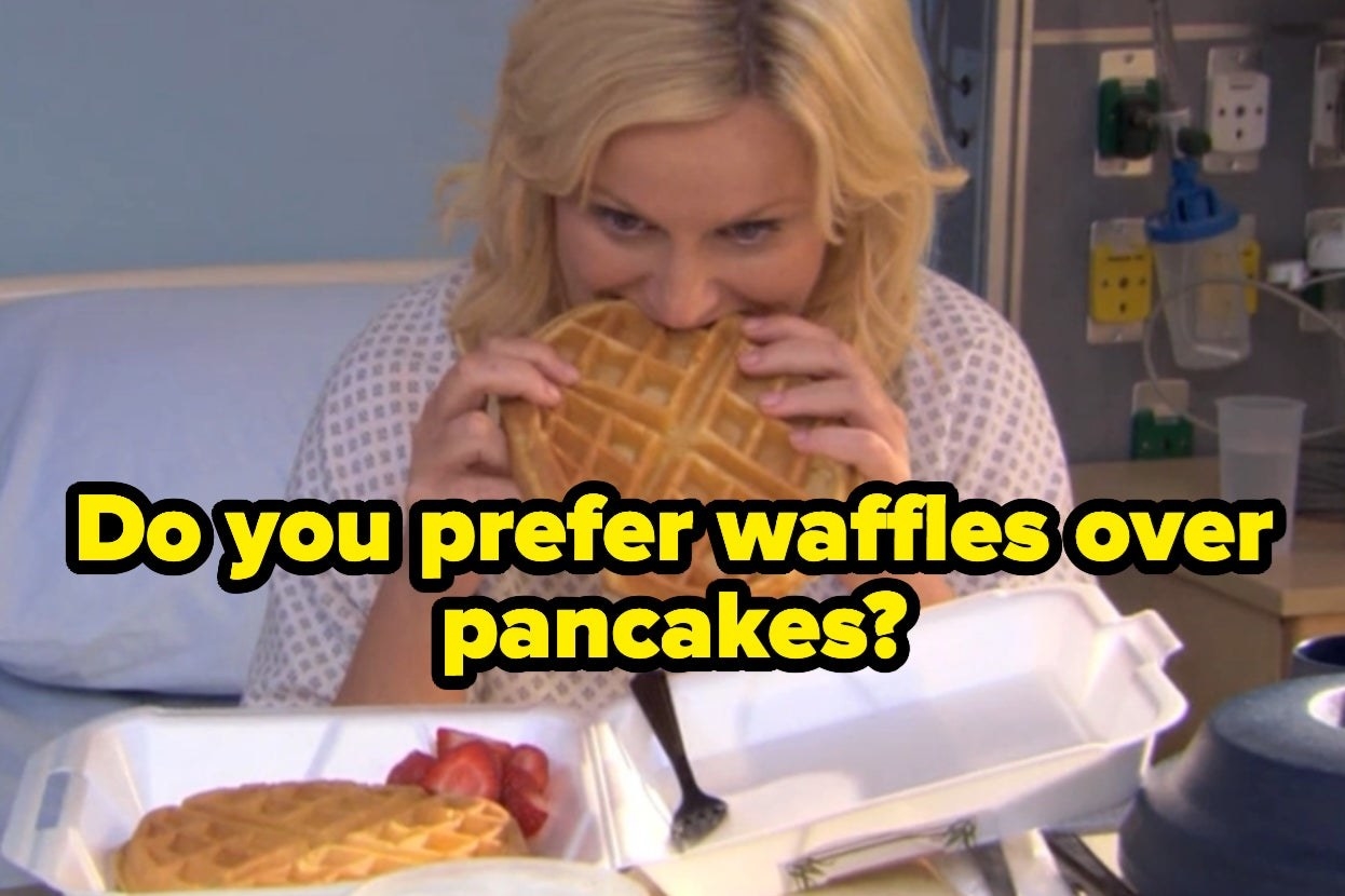 Leslie eating a waffle on &quot;Parks and Recreation&quot; with the words &quot;Do you prefer waffles over pancakes?&quot; 