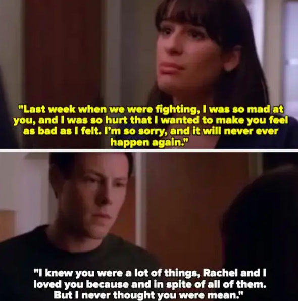 Rachel tells Finn she cheated on him with Puck because she was mad at him about Santana, Finn says he knew she was a lot of things but never thought she was mean