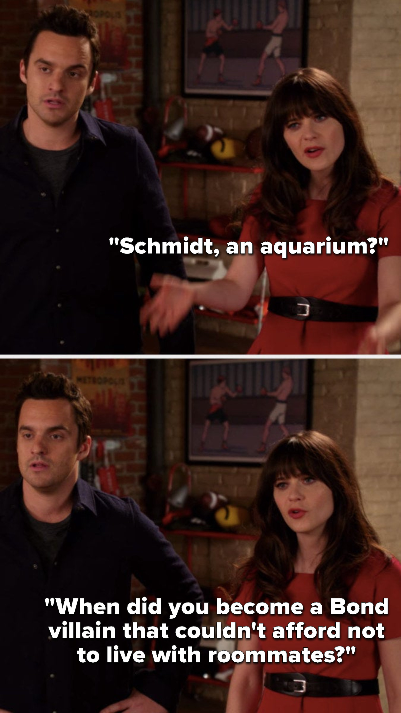 Jess asks, Schmidt, an aquarium, when did you become a Bond villain that couldn&#x27;t afford not to live with roommates