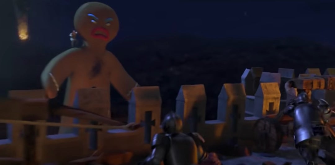 the fairy godmother sings &quot;I need a hero, I&#x27;m holding out for a hero till the end of the night&quot; as a giant gingerbread man breaks into the castle with Shrek