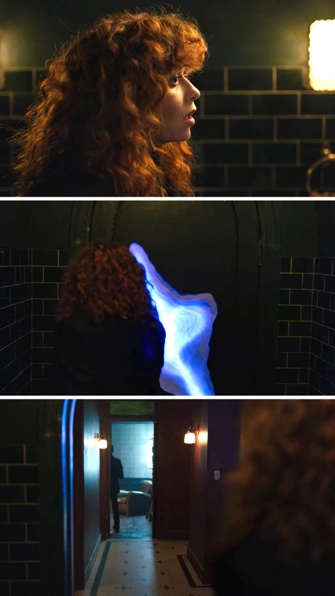 Nadia looks at the door, shaken, then opens it and sees no one in the hall