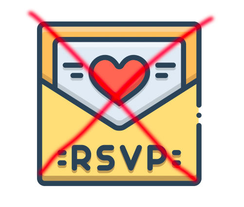 An RSVP card with a red X on it