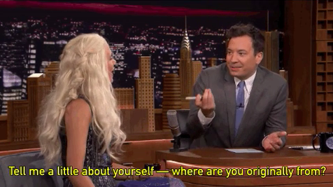 Jimmy Fallon asking someone where they are originally from