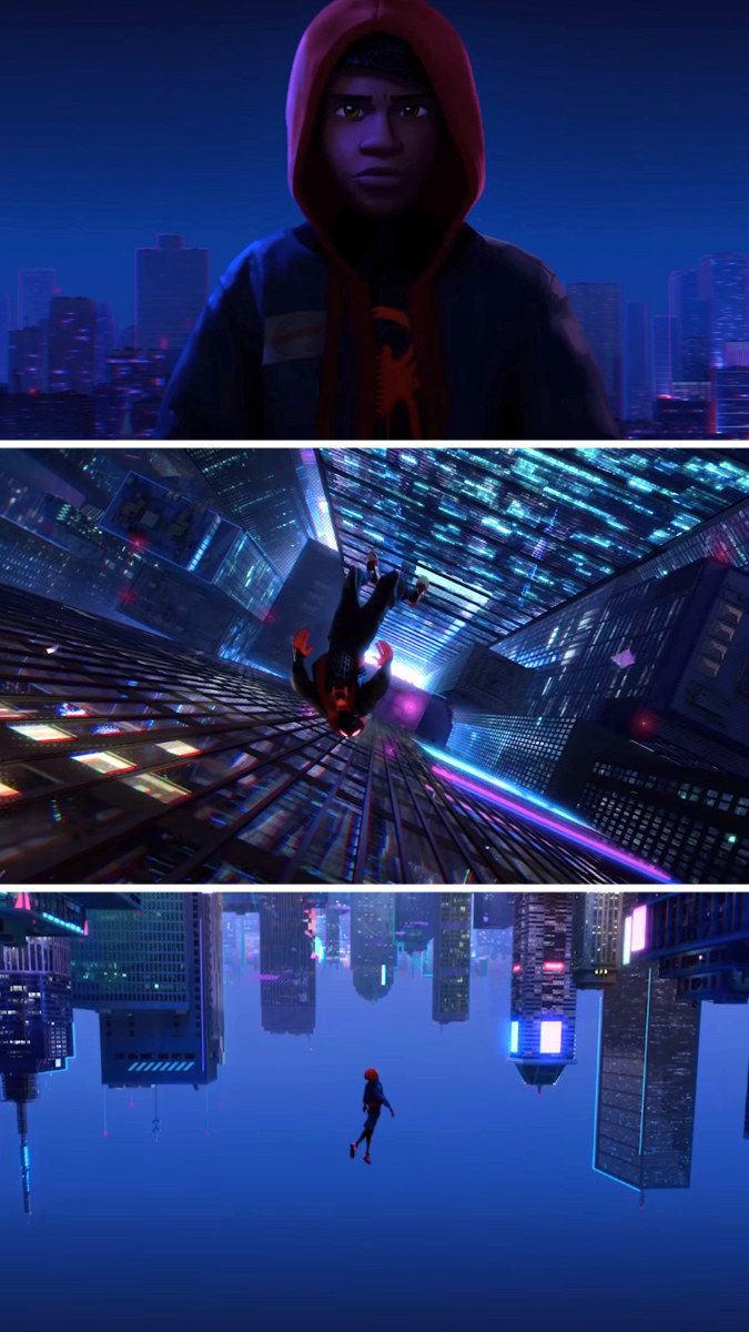 Miles Morales jumping off a building, and then it looks like he's flying up into a backwards city