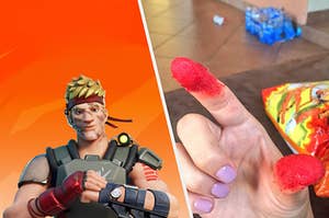 A fortnite player with hot cheetoh dust on their fingers
