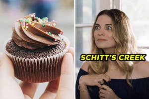 On the left, someone holding up a chocolate cupcake with chocolate frosting and sprinkles, and on the right, Alexis Rose from "Schitt's Creek"