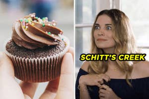 On the left, someone holding up a chocolate cupcake with chocolate frosting and sprinkles, and on the right, Alexis Rose from "Schitt's Creek"