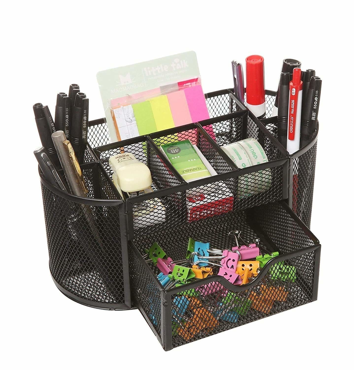A black metal mesh organiser housing a stapler, tape, pens, paper clips, and sticky notes
