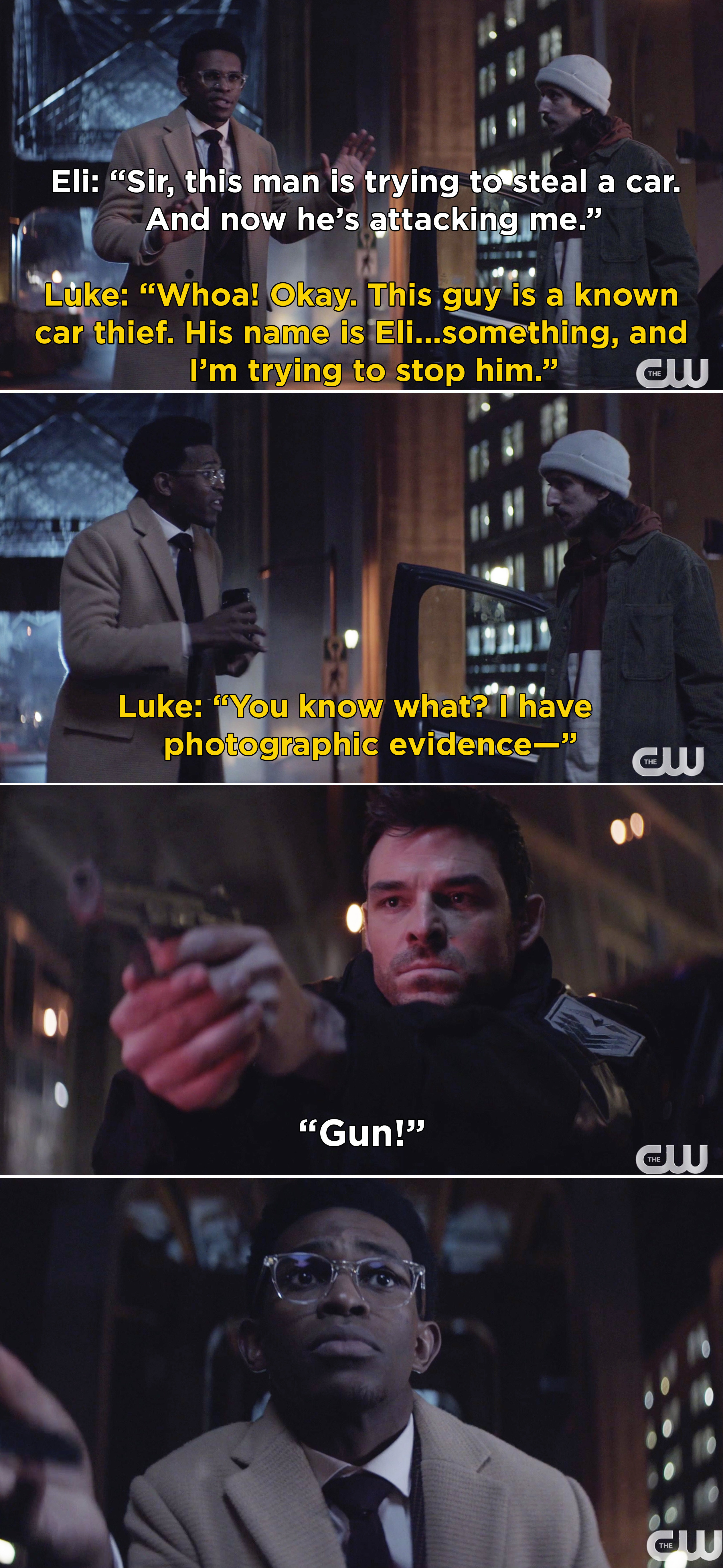 Luke explaining that Eli is a known carjacker, and then The Crow shooting Luke when he takes out his cellphone