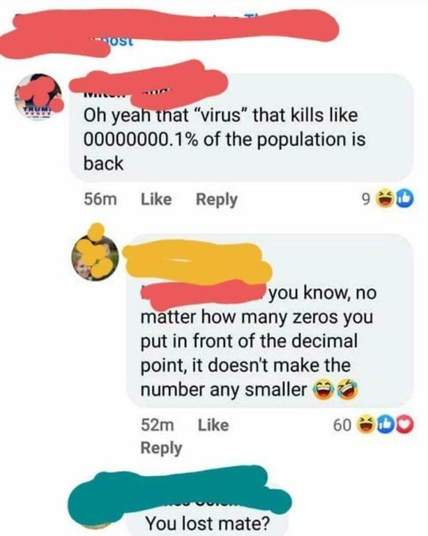 Facebook post about someone citing a low virus death rate but they put all the zeroes in front of the decimal point