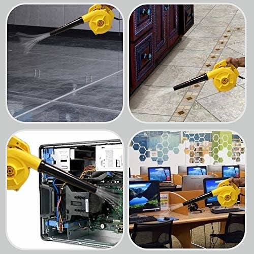 A collage of the air blower being used to clean floors, under cabinets, desks, and the inside of electronic equipment.