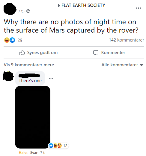 someone asking why there are no nighttime photos from the Mars rover and someone responds with a black square