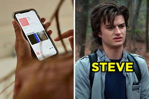 On the left, someone making a playlist on their phone, and on the right, Steve from "Stranger Things"