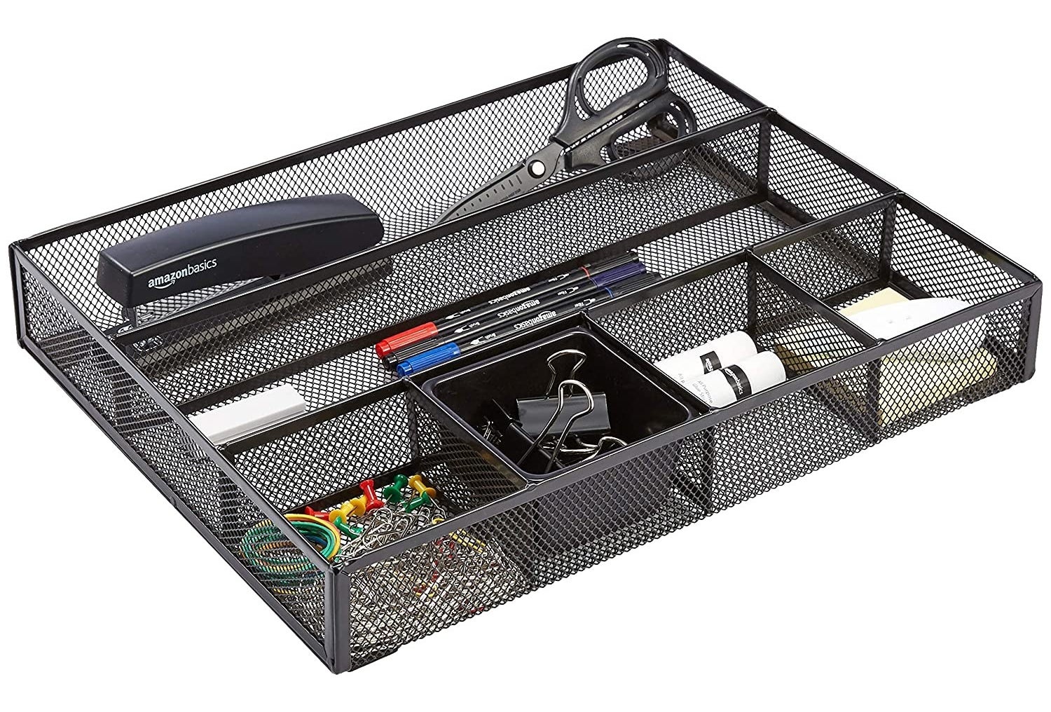 A black mesh organiser with multiple stationery items in it