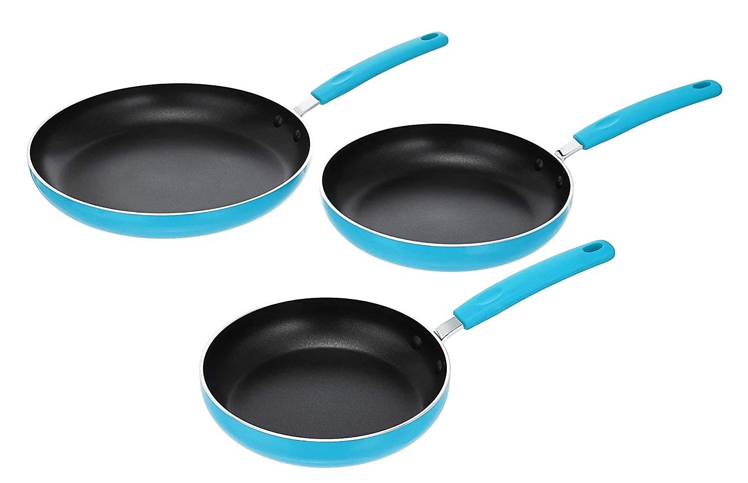 Three pans of different sizes in turquoise