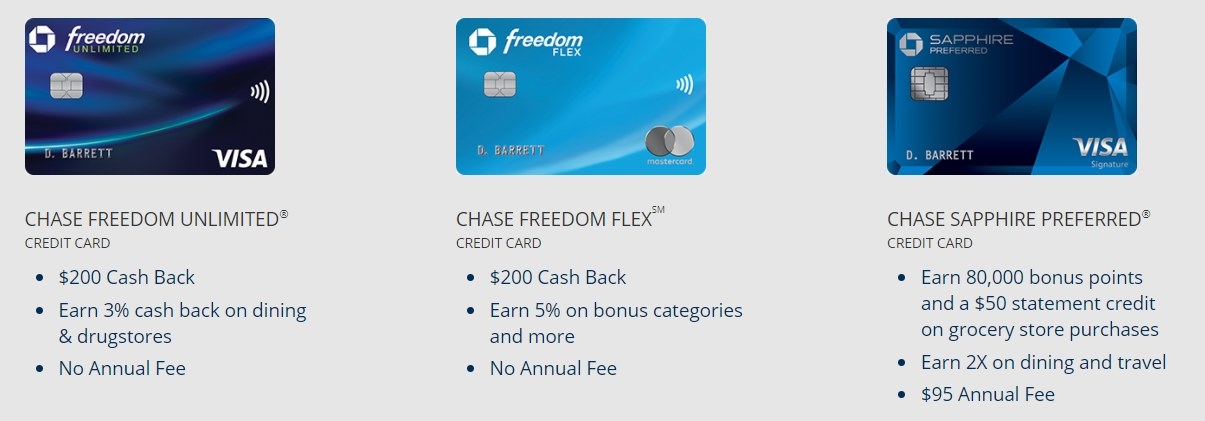 Screenshot of Chase credit card options