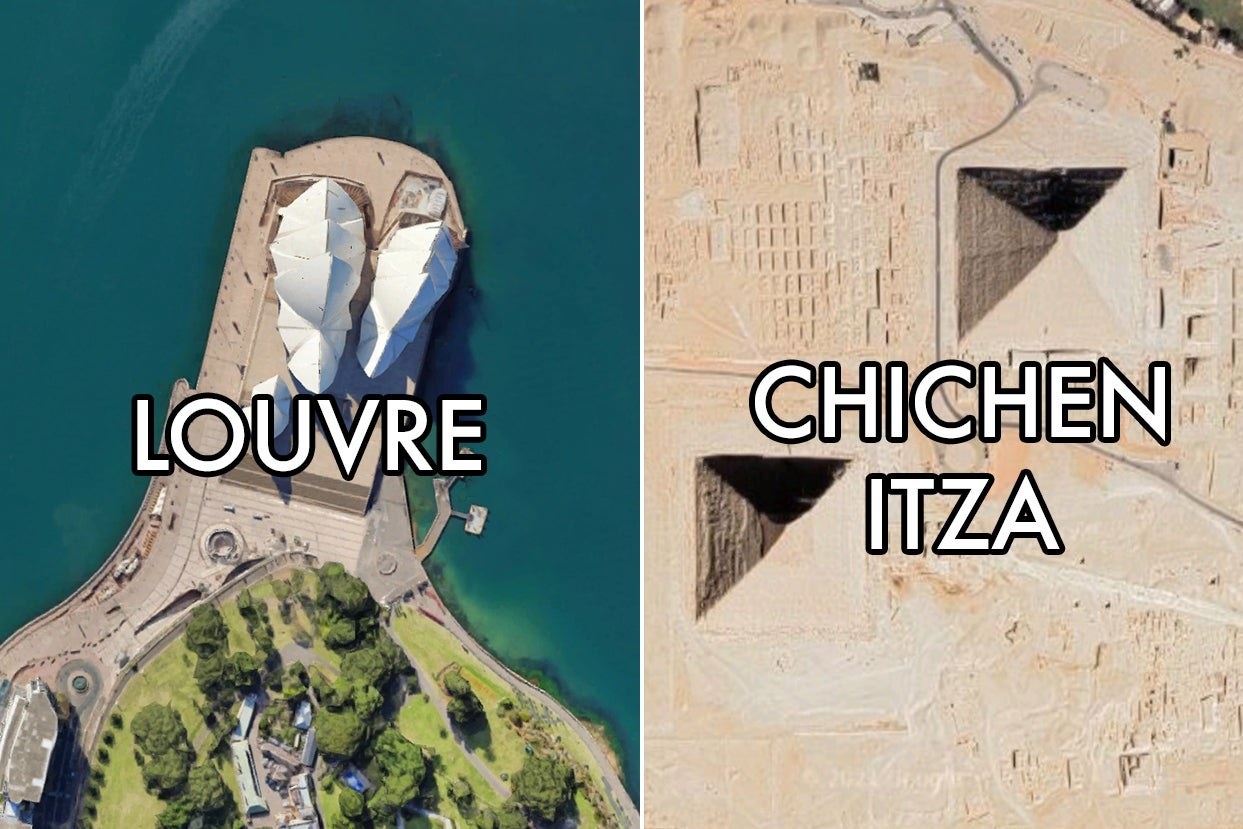 Two iconic landmarks with &quot;Louvre&quot; and &quot;Chichen Itza&quot; labels on them 