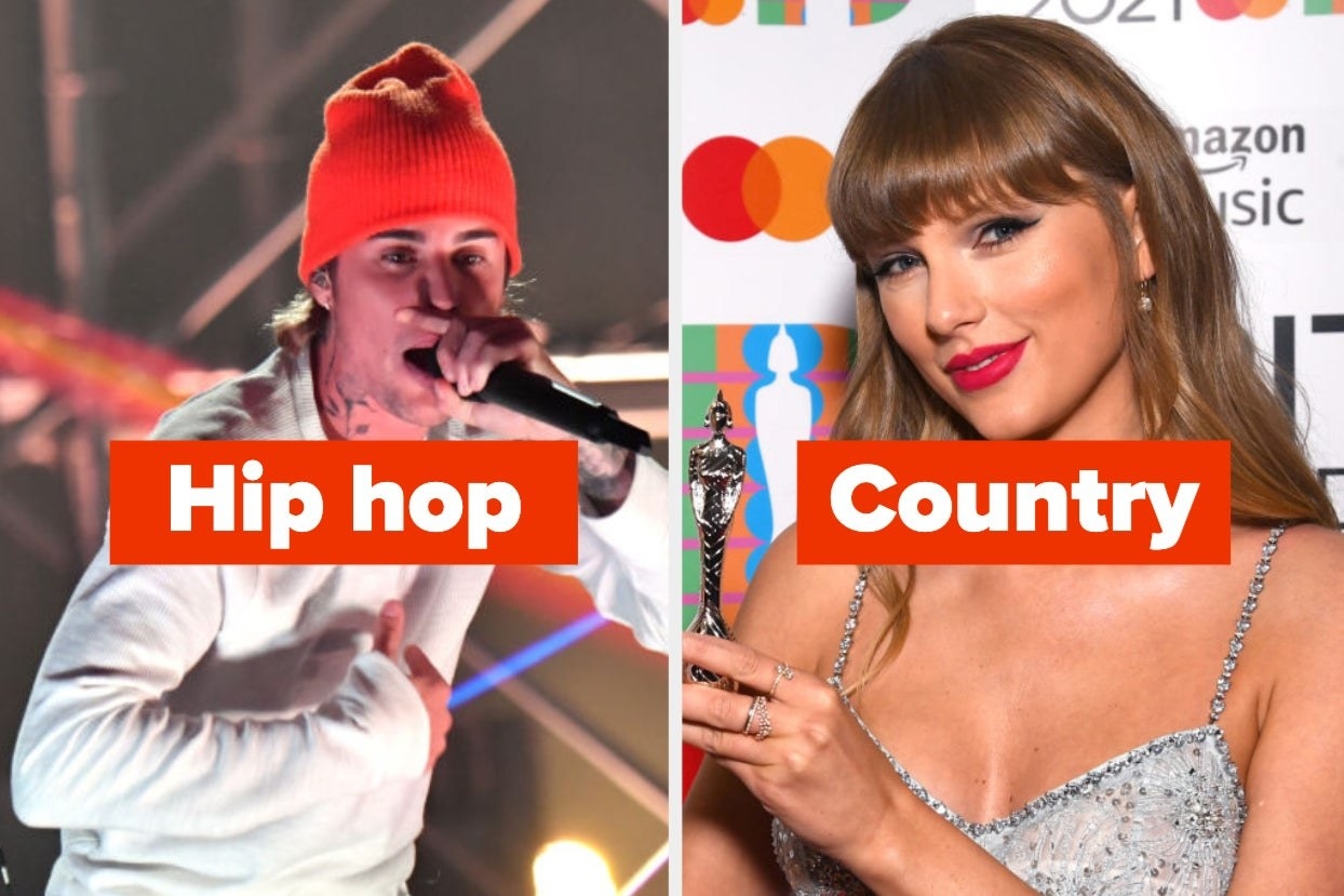 Justin Bieber with the words &quot;hip hop&quot; and Taylor Swift with the word &quot;country&quot; 