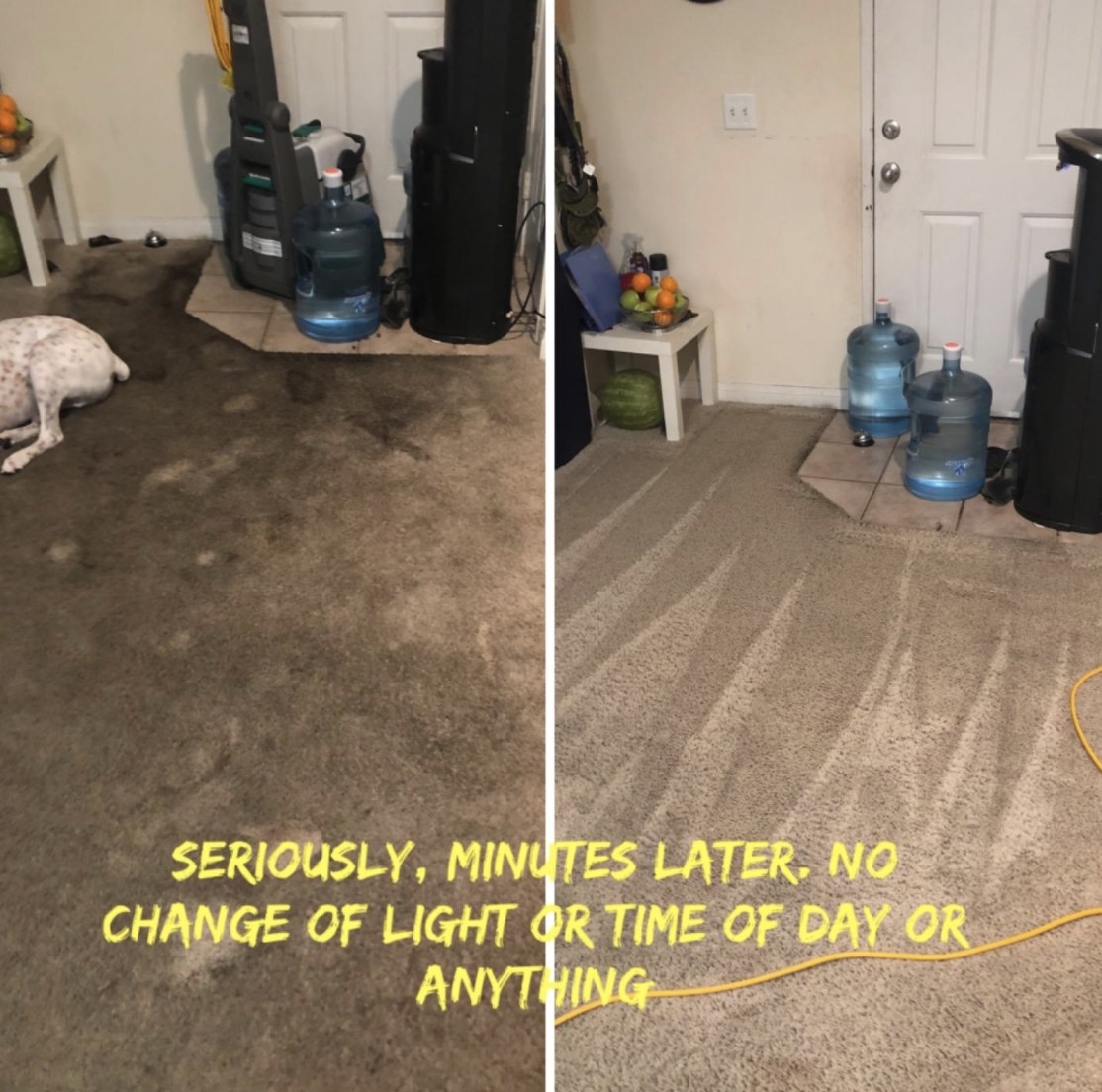 A before and after of a dirty carpet