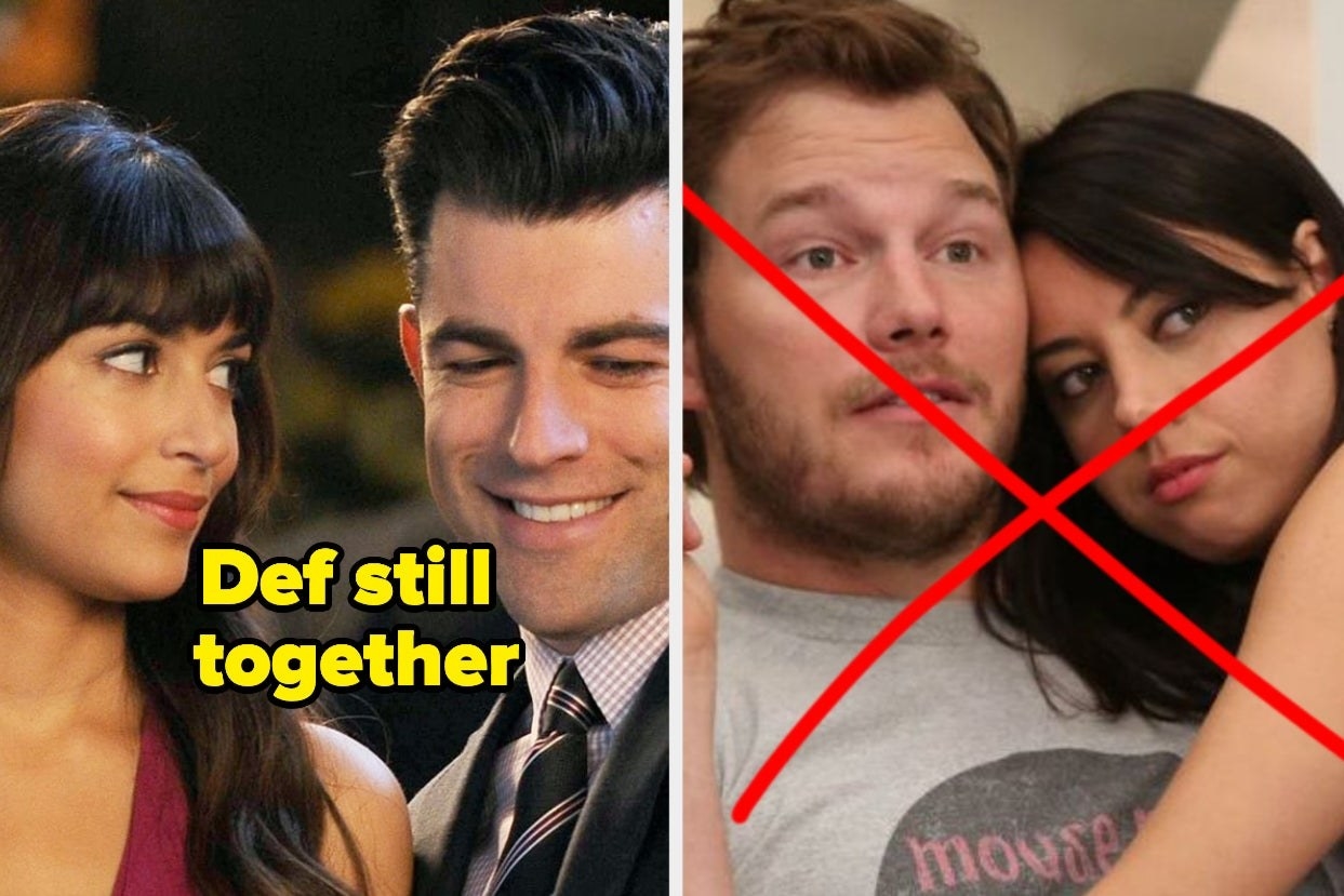 Cici and Schmidt with the words &quot;Def still together&quot; and April and Andy with an X 