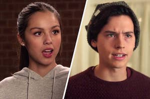 On the left, Olivia Rodrigo as Nini in "High School Musical: The Musical: The Series," and on the right, Cole Sprouse as Jughead on "Riverdale"